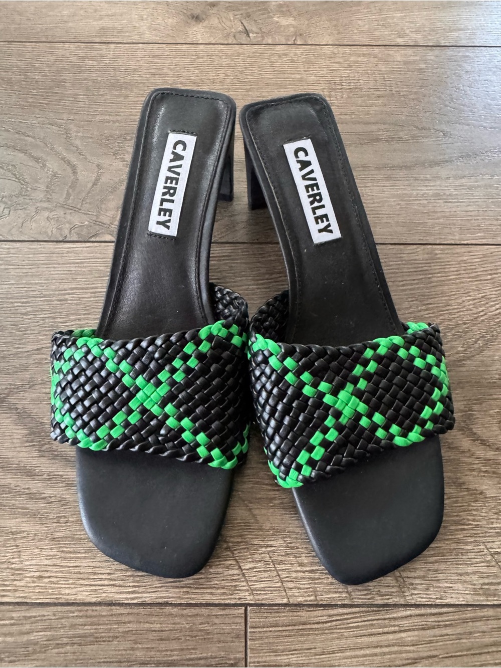 Caverley Black & Green Woven Slide Heels, Size 7